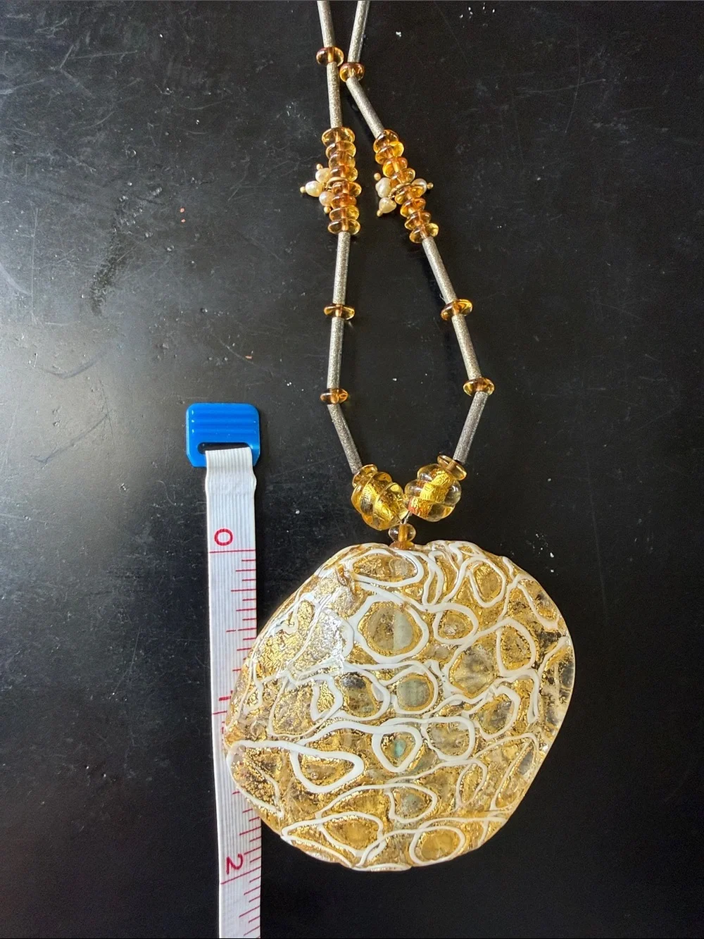 Gold Amber Original Morano Glass Pendant Necklace with small real pearls.